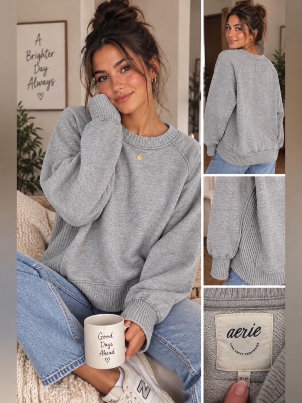 Aerie Heather Gray Oversized Ribbed Side Panel Crewneck Sweatshirt